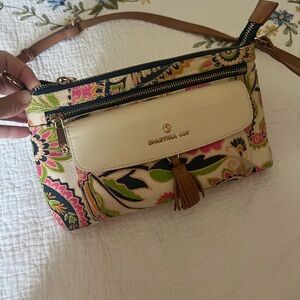 Spartina 449 Cream and Tan Crossbody Bag with Floral Design